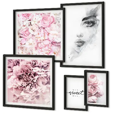 Set de 5 cuadros para salón con diseño de retrato floral