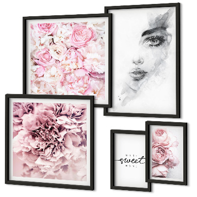 Set de 5 cuadros para salón Un retrato floral sobre el hogar