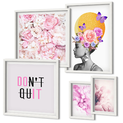 Set de 5 cuadros para salón Motivos florales con una mujer