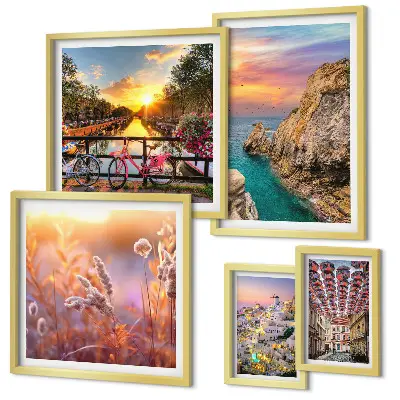 Set de 5 cuadros para salón con paisajes costeros de Europa