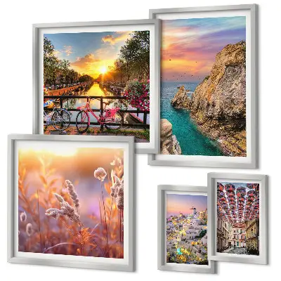 Set de 5 cuadros para salón con paisajes costeros de Europa
