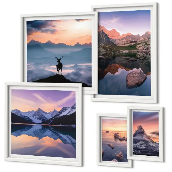 Set de 5 cuadros para salón con diseño de reflejos de la puesta de sol en la montaña