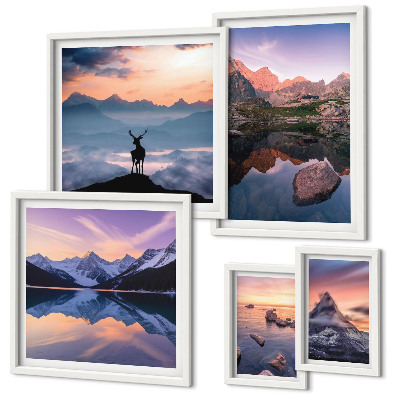 Set de 5 cuadros para salón Reflejos de la puesta de sol en la montaña