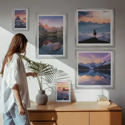 Set de 5 cuadros para salón con diseño de reflejos de la puesta de sol en la montaña