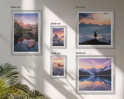 Set de 5 cuadros para salón con diseño de reflejos de la puesta de sol en la montaña