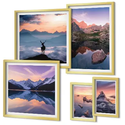 Set de 5 cuadros para salón con diseño de reflejos de la puesta de sol en la montaña