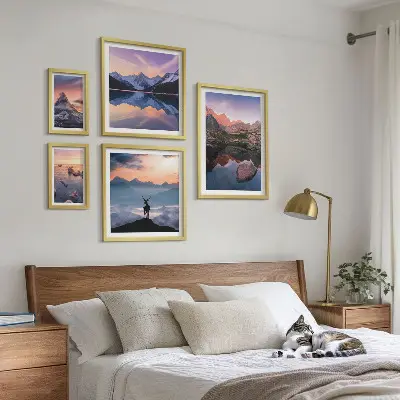 Set de 5 cuadros para salón con diseño de reflejos de la puesta de sol en la montaña