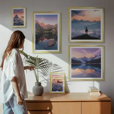 Set de 5 cuadros para salón con diseño de reflejos de la puesta de sol en la montaña
