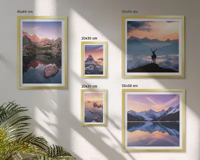 Set de 5 cuadros para salón con diseño de reflejos de la puesta de sol en la montaña