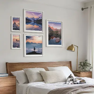 Set de 5 cuadros para salón con diseño de reflejos de la puesta de sol en la montaña