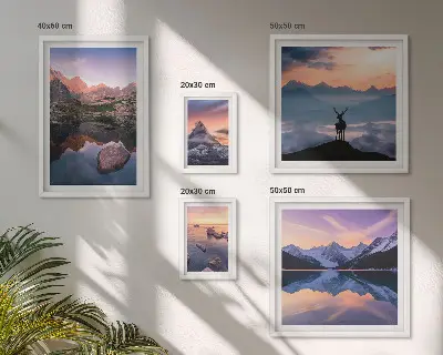 Set de 5 cuadros para salón con diseño de reflejos de la puesta de sol en la montaña