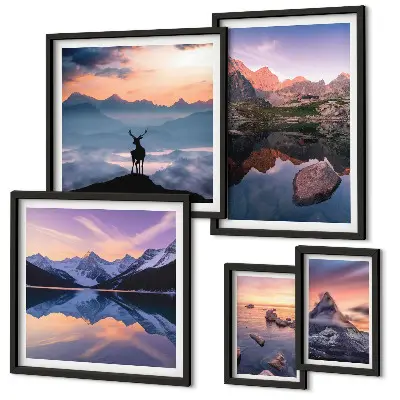 Set de 5 cuadros para salón con diseño de reflejos de la puesta de sol en la montaña