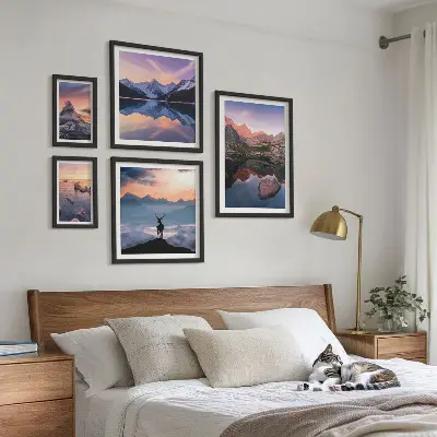 Set de 5 cuadros para salón con diseño de reflejos de la puesta de sol en la montaña