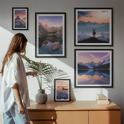 Set de 5 cuadros para salón con diseño de reflejos de la puesta de sol en la montaña