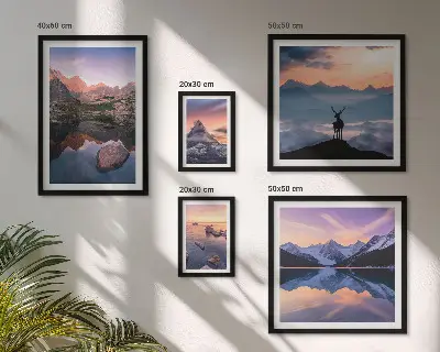 Set de 5 cuadros para salón con diseño de reflejos de la puesta de sol en la montaña