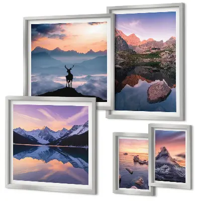 Set de 5 cuadros para salón con diseño de reflejos de la puesta de sol en la montaña