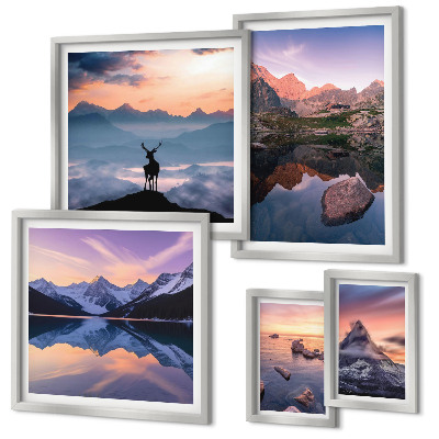 Set de 5 cuadros para salón Reflejos de la puesta de sol en la montaña