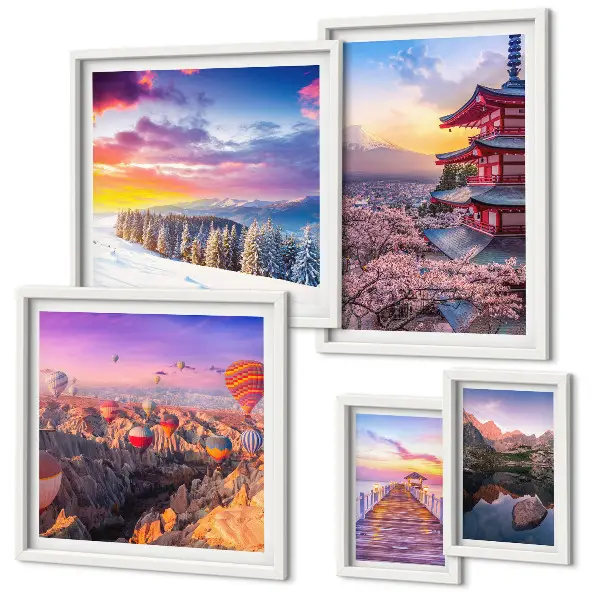 Pared galería de arte con diseño de montañas y flores asiáticas