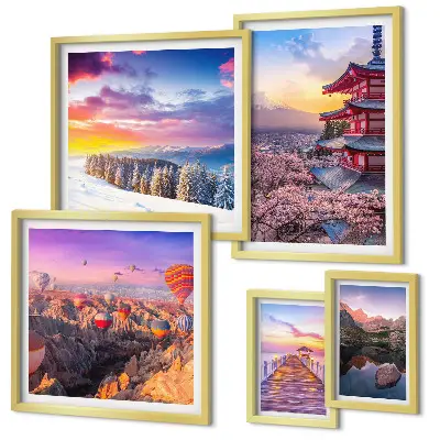 Pared galería de arte con diseño de montañas y flores asiáticas