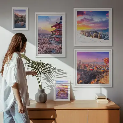 Pared galería de arte con diseño de montañas y flores asiáticas