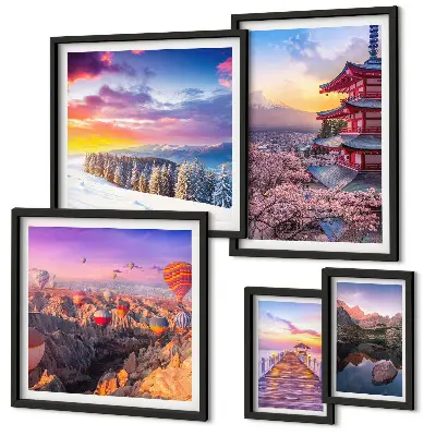 Pared galería de arte con diseño de montañas y flores asiáticas