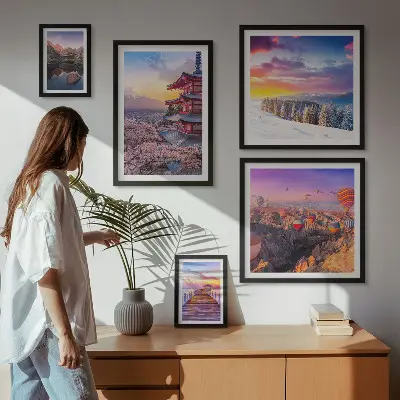 Pared galería de arte con diseño de montañas y flores asiáticas