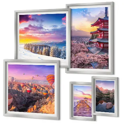 Pared galería de arte con diseño de montañas y flores asiáticas