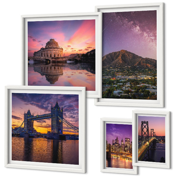 Conjunto de cuadros decorativos Paisajes de ciudades de montaña por la noche.