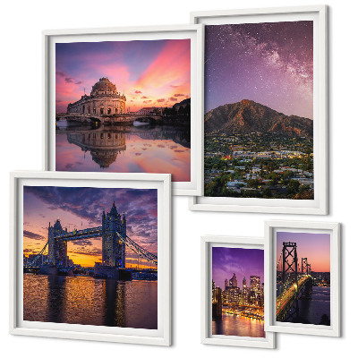 Conjunto de cuadros decorativos Paisajes de ciudades de montaña por la noche.
