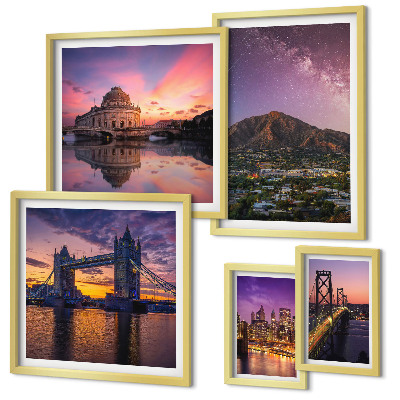 Conjunto de cuadros decorativos Paisajes de ciudades de montaña por la noche.