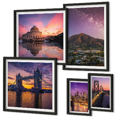 Conjunto de cuadros decorativos Paisajes de ciudades de montaña por la noche.