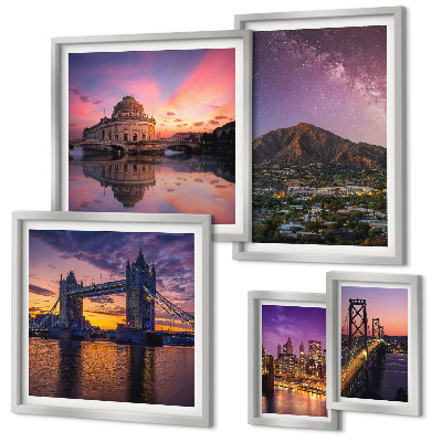 Conjunto de cuadros decorativos Paisajes de ciudades de montaña por la noche.