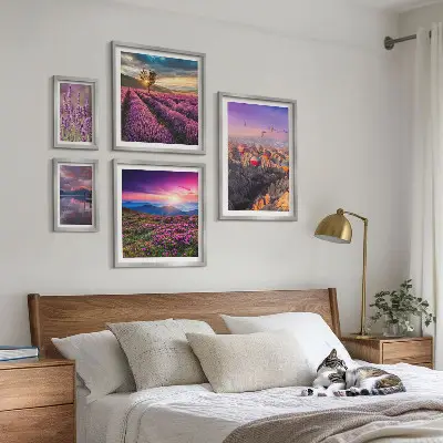 Set de 5 cuadros para salón con diseño de paisaje de globos de lavanda