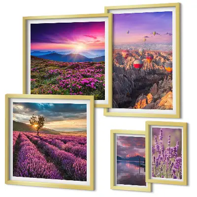 Set de 5 cuadros para salón con diseño de paisaje de globos de lavanda
