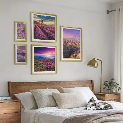 Set de 5 cuadros para salón con diseño de paisaje de globos de lavanda