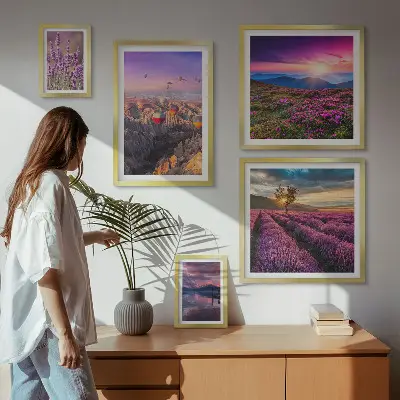 Set de 5 cuadros para salón con diseño de paisaje de globos de lavanda