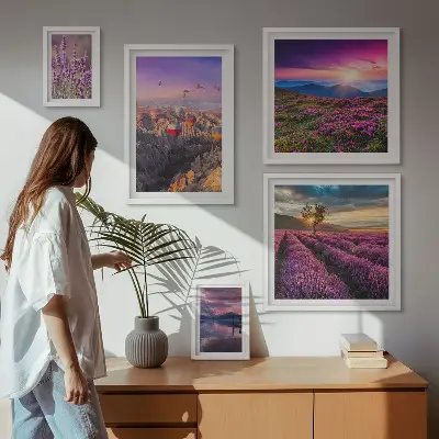 Set de 5 cuadros para salón con diseño de paisaje de globos de lavanda