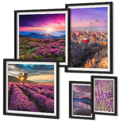Set de 5 cuadros para salón con diseño de paisaje de globos de lavanda