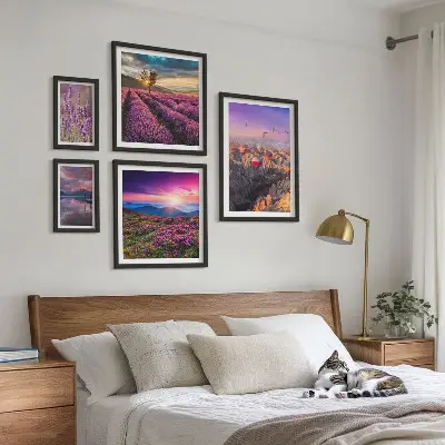 Set de 5 cuadros para salón con diseño de paisaje de globos de lavanda