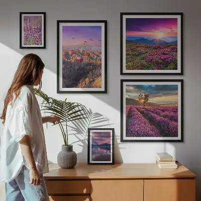 Set de 5 cuadros para salón con diseño de paisaje de globos de lavanda