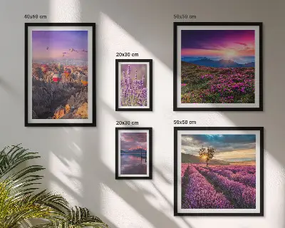Set de 5 cuadros para salón con diseño de paisaje de globos de lavanda