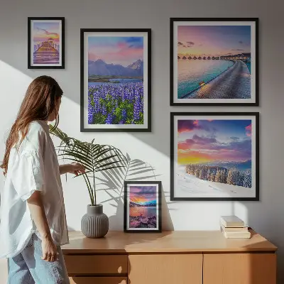 Pared galería de arte paisajes de naturaleza con montañas y vistas