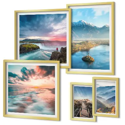 Conjunto de cuadros decorativos paisajes de montañas con cascadas