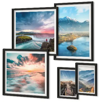 Conjunto de cuadros decorativos paisajes de montañas con cascadas