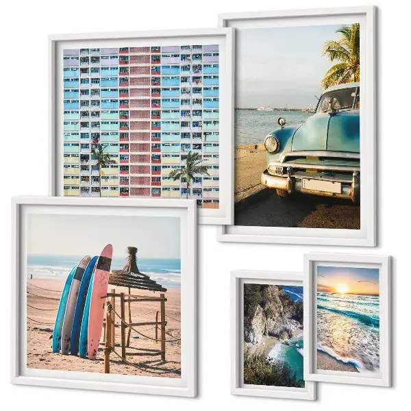 Pared galería de arte con paisajes playeros con estilo