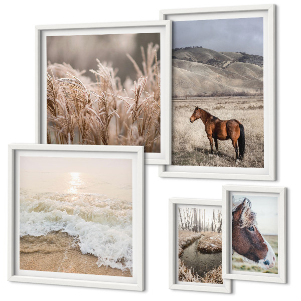 Conjunto de cuadros decorativos Paisajes con caballos y agua.