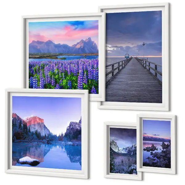 Set de 5 cuadros para salón con paisajes de montaña y costeros