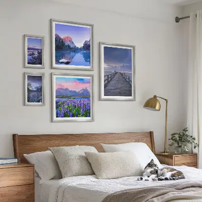 Set de 5 cuadros para salón con paisajes de montaña y costeros