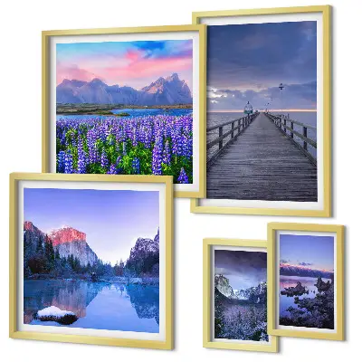 Set de 5 cuadros para salón con paisajes de montaña y costeros