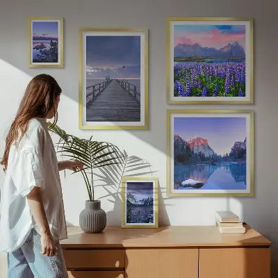 Set de 5 cuadros para salón con paisajes de montaña y costeros
